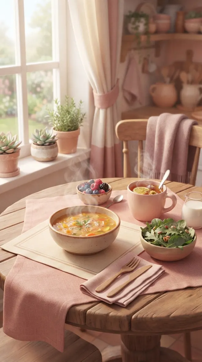 Meja nyaman dengan semangkuk sup, salad, dan secangkir teh di dekat jendela yang cerah.