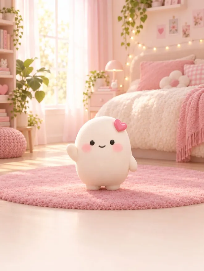 Sana, karakter bulat warna krem dengan hati pink, melambai di kamar pink yang nyaman.