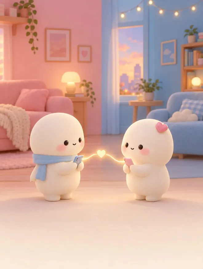 Sana dan Arsa yang pakai syal biru, berdiri di ruangan setengah pink setengah biru, tersambung hati yang bercahaya.