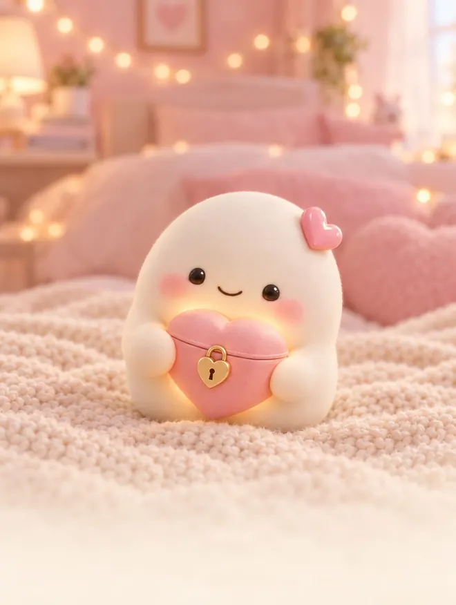 Sana memeluk gembok berbentuk hati warna pink di atas selimut lembut.